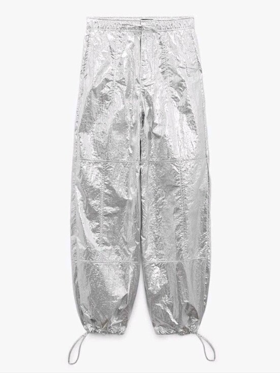 Zara Pants - ZARA WOMAN MID RISE METALLIC PARACHUTE TROUSERS PANT SILVER Small